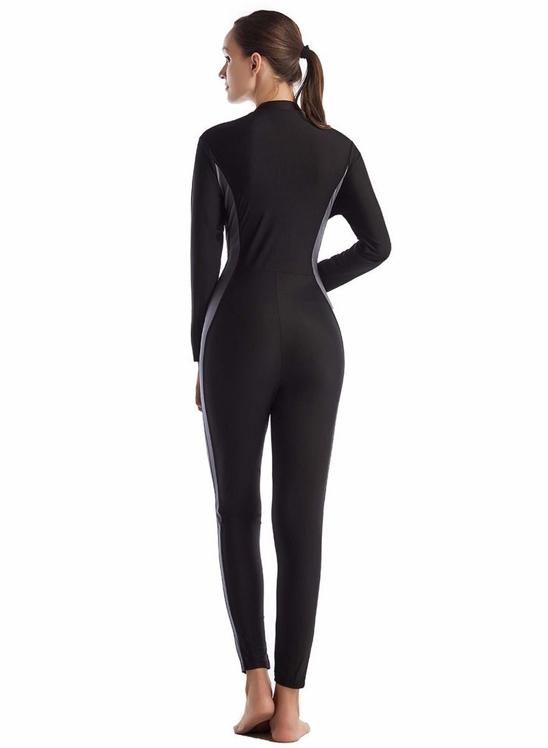Loquat Highly Elastic Jumpsuit Swimwear Set Womens Long Sleeve Burkini Set Black/Grey  - Image 2