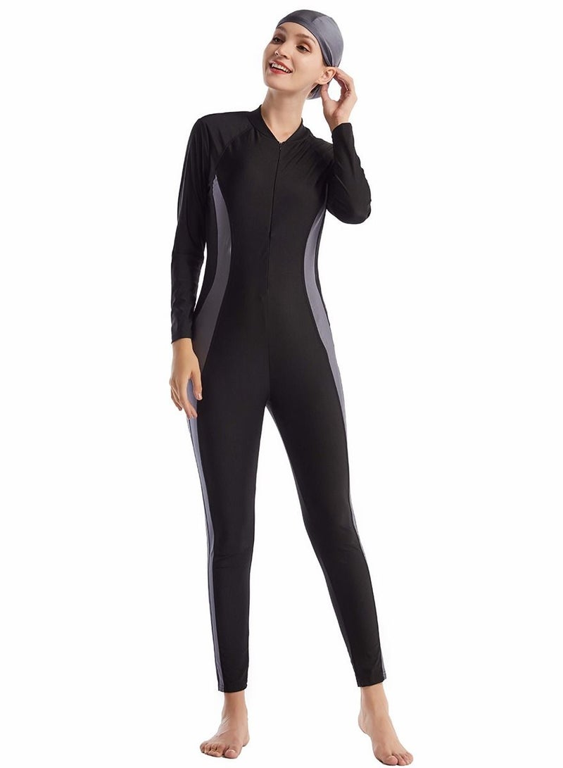 Loquat Highly Elastic Jumpsuit Swimwear Set Womens Long Sleeve Burkini Set Black/Grey  - Image 1