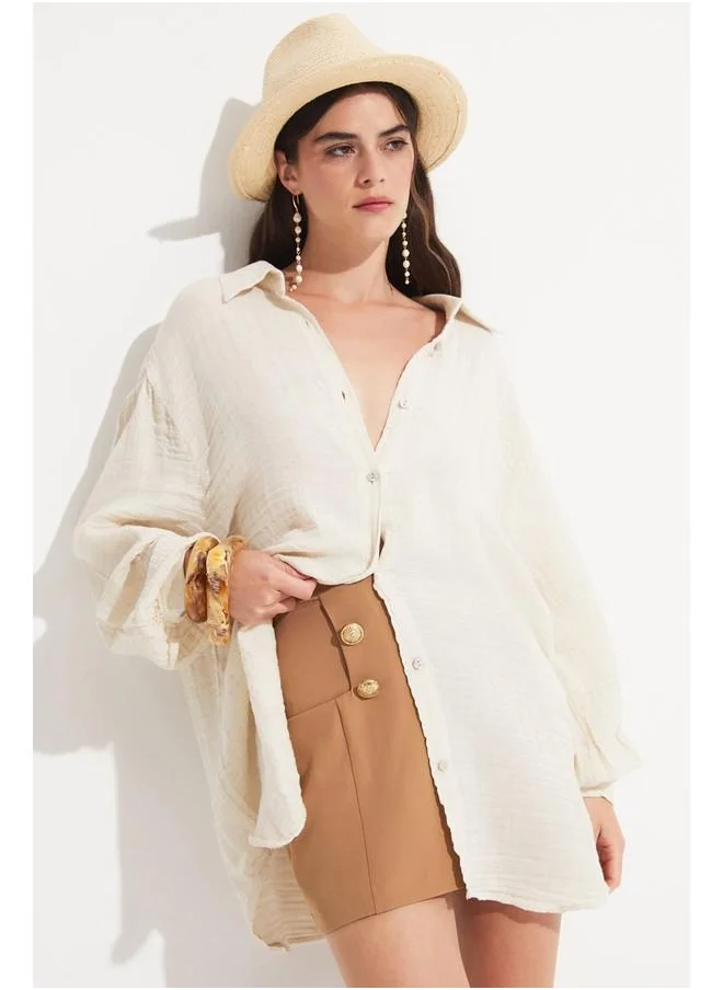 جون June Women 100% Cotton Shirt Beige