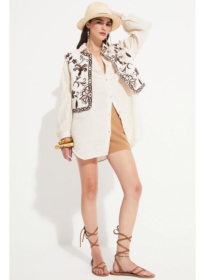 جون قميص نسائي قطن % بيج - Image 2