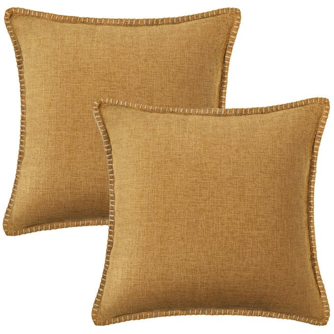 DECORATIVE OUTDOOR THROW PILLOW COVERS 20X20 SET OF 2 SQUARE LINEN RUSTIC NEUTRAL FARMHOUSE PILLOW COVERS WITH STITCHED EDGE FOR COUCH SOFA LIVING ROOM BRONZE GOLD