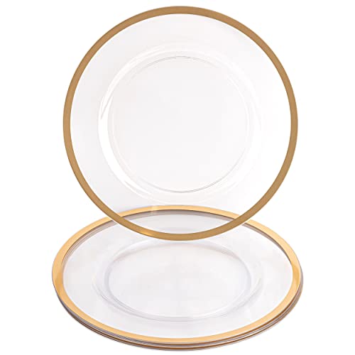 Party Bargains PARTY BARGAINS 13Inch Charger Plates  96 Pack Clear Gold Rim HeavyDuty Disposable Chargers for Elegant Dining  Ideal for Weddings and Formal Events 