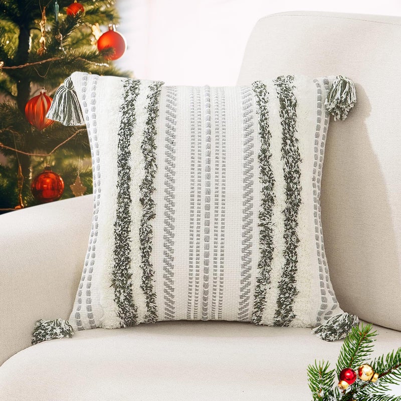 decorUhome decorUhome Christmas Decorative Boho Throw Pillow Covers 18x18  Accent Neutral Tufted Pillow Covers for Couch Bed Sofa  Textured Striped Woven Pillow Covers  Green and Cream White  Pack of 1 - Image 1