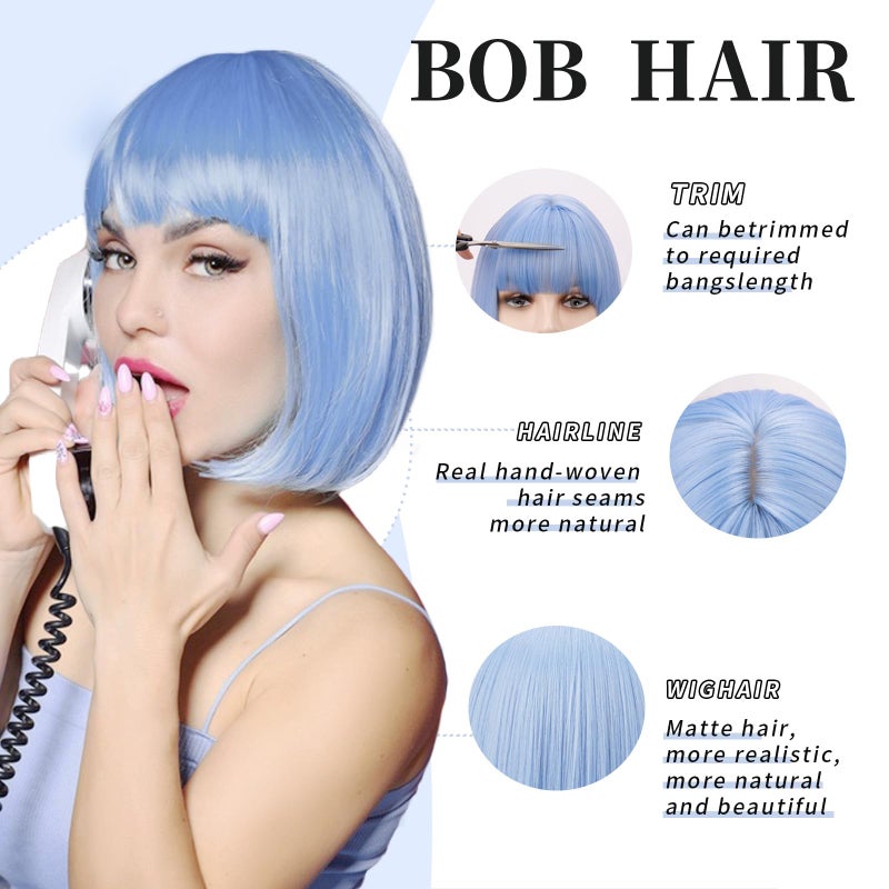 SUKRI Light Blue Bob Wig with Bangs Short Straight Blue Wig for Women Shoulder Length Wigs Colorful Synthetic Wig for Daily Use Party Cosplayï¼ˆ12Inchï¼‰ - Image 4