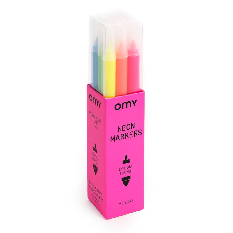 Omy Signature Neon Dual Tipped Felt Markers  Box of 9 Vibrant Neon Colors  Thick  Thin Tips  WaterBased QuickDrying Ink  Perfect for Art Drawing  Creative Projects  Ages 3 and Up