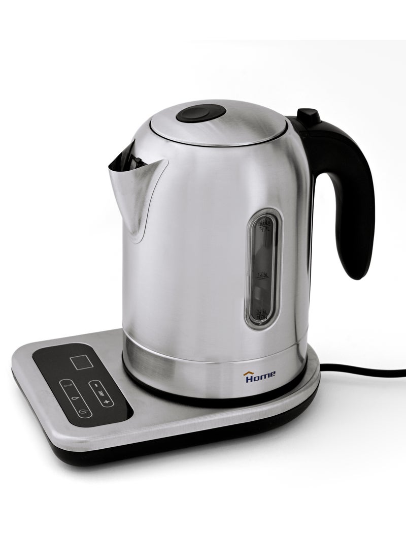 Home - Digital Stainless Kettle 1850W, Capacity: 1.7L. The stainless steel kettle features a light indicator for visual enjoyment. Made of high-quality, rust-resistant stainless steel, it helps remove chlorine from water by increasing the boiling time to 3 minutes to purify water for better health. Electronically controlled boil function, keep warm function, and temperature settings of 60, 70, 80, and 90°C for various uses. An external window indicates the water level. - Image 1