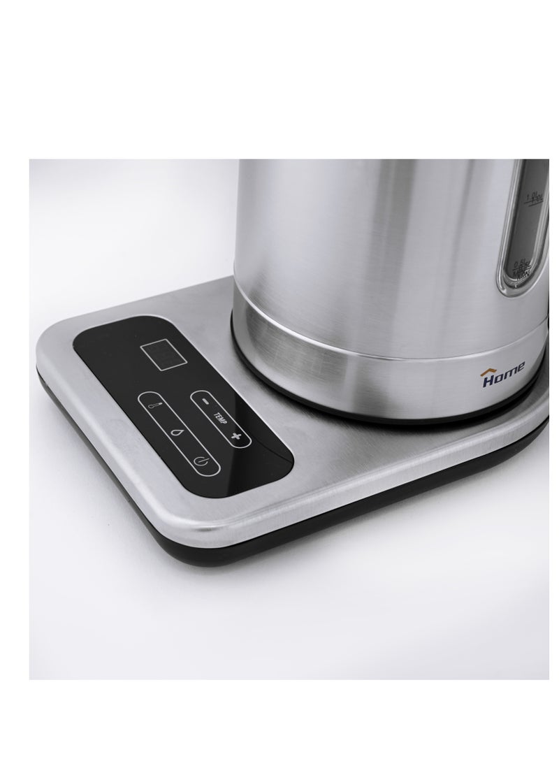 Home - Digital Stainless Kettle 1850W, Capacity: 1.7L. The stainless steel kettle features a light indicator for visual enjoyment. Made of high-quality, rust-resistant stainless steel, it helps remove chlorine from water by increasing the boiling time to 3 minutes to purify water for better health. Electronically controlled boil function, keep warm function, and temperature settings of 60, 70, 80, and 90°C for various uses. An external window indicates the water level. - Image 1