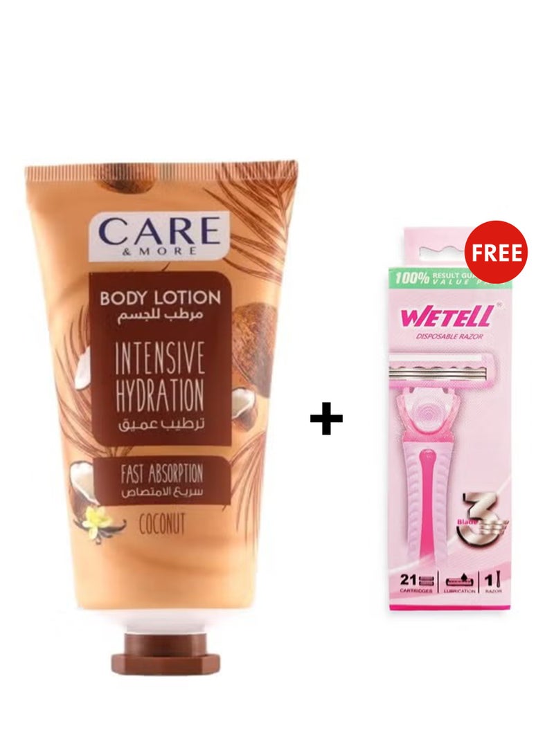 كير & مور لوشن للجسم برائحة جوز الهند، ترطيب مكثف وسريع الامتصاص - 150 مل، ومجموعة شفرات حلاقة نسائية للاستخدام مرة واحدة - مقبض شفرة واحد + 21 عبوة إعادة تعبئة بثلاث شفرات دقيقة وشريط ترطيب بخلاصة الصبار لحلاقة ناعمة ومريحة. - Image 1