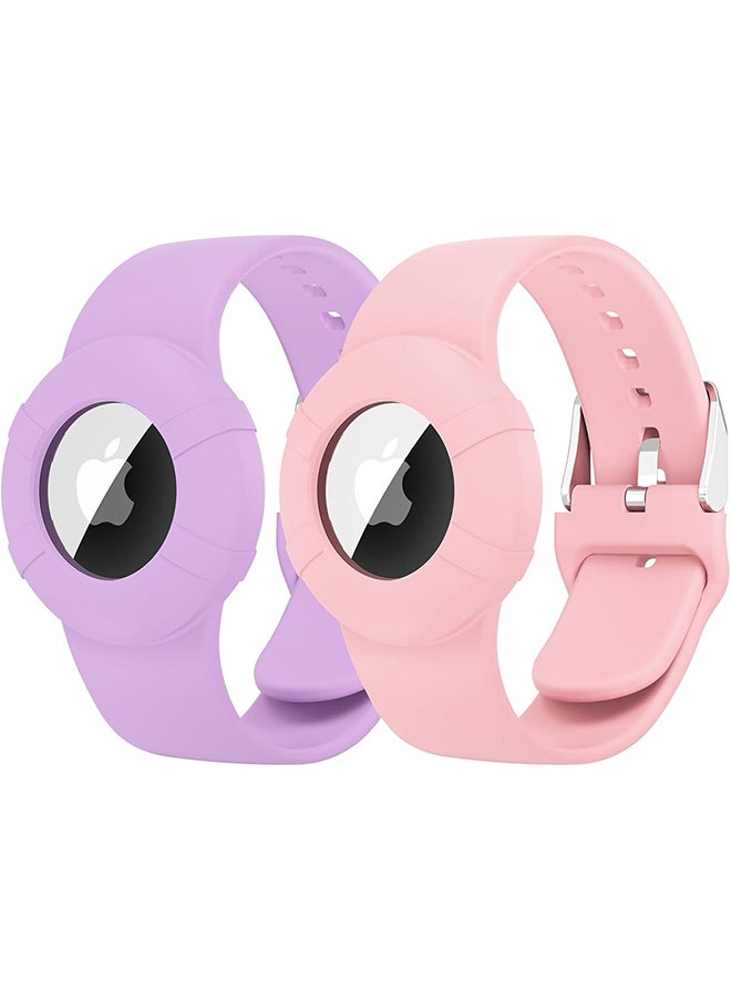O Ozone Soft Silicone  (2 Pack) Air Tag Wristband |Bracelet for Kids |Lightweight GPS Tracker Holder For  Apple Air Tag Child's Watch Band- Pink & Purple  - Image 1