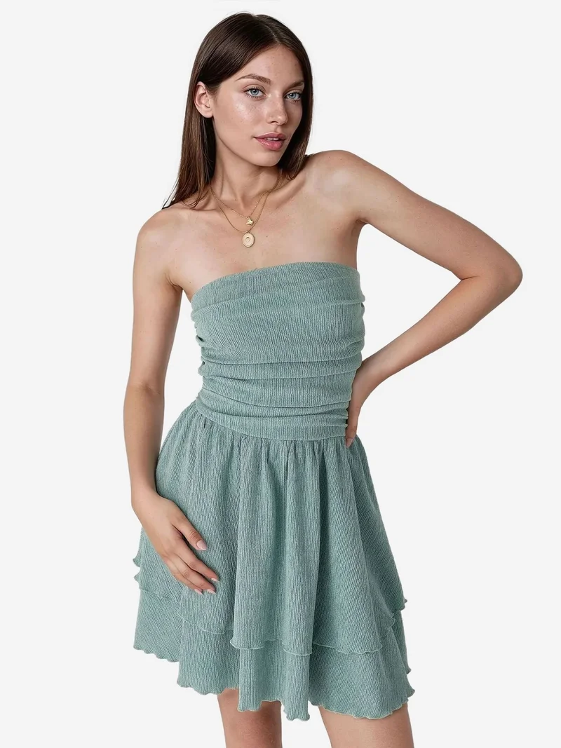 HICCUP Mint Green Strapless Textured Ruffle Mini Dress for Women | Best Price UAE