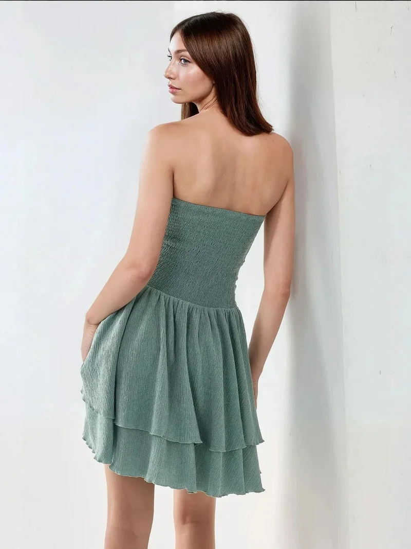 HICCUP Mint Green Strapless Textured Ruffle Mini Dress for Women | Best Price UAE