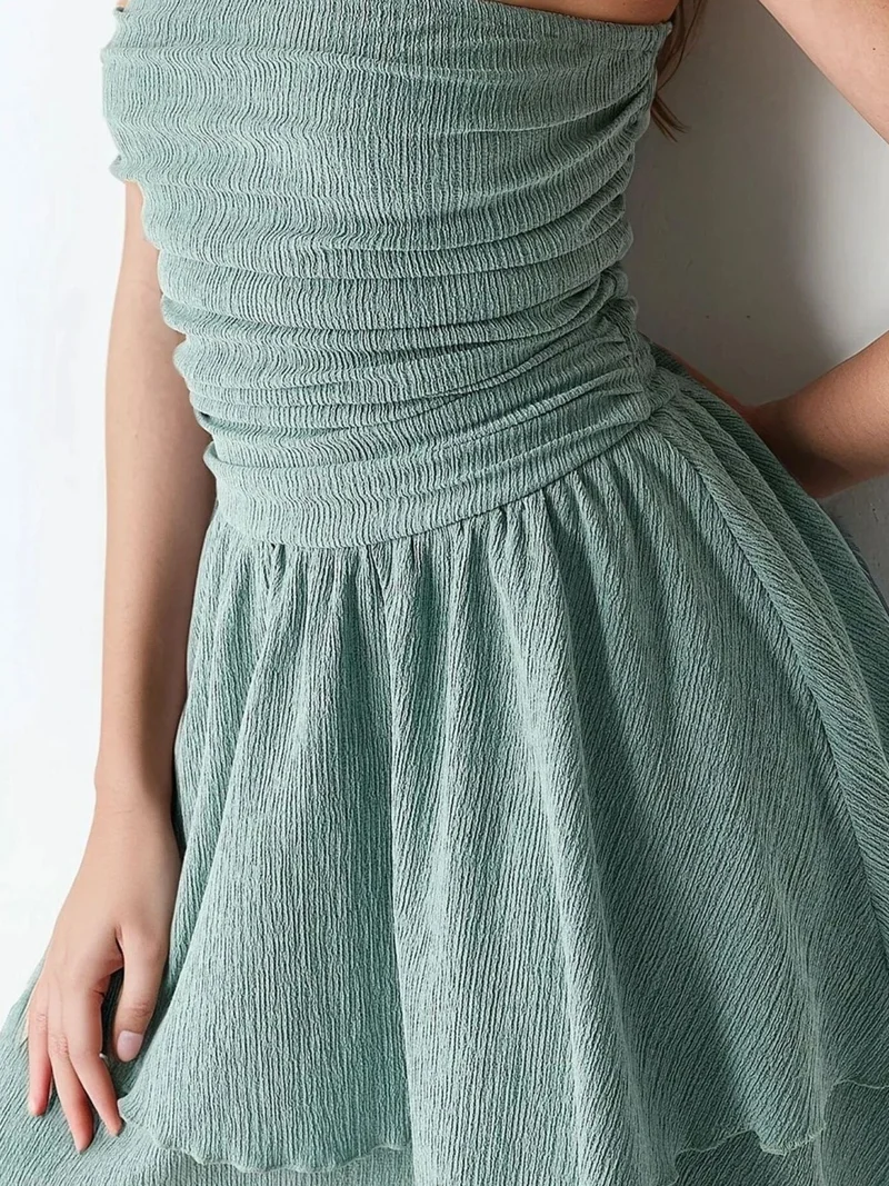 HICCUP Mint Green Strapless Textured Ruffle Mini Dress for Women | Best Price UAE
