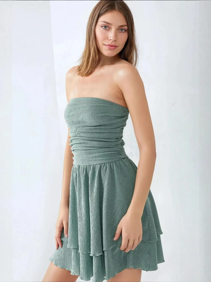 HICCUP Mint Green Strapless Textured Ruffle Mini Dress for Women | Best Price UAE