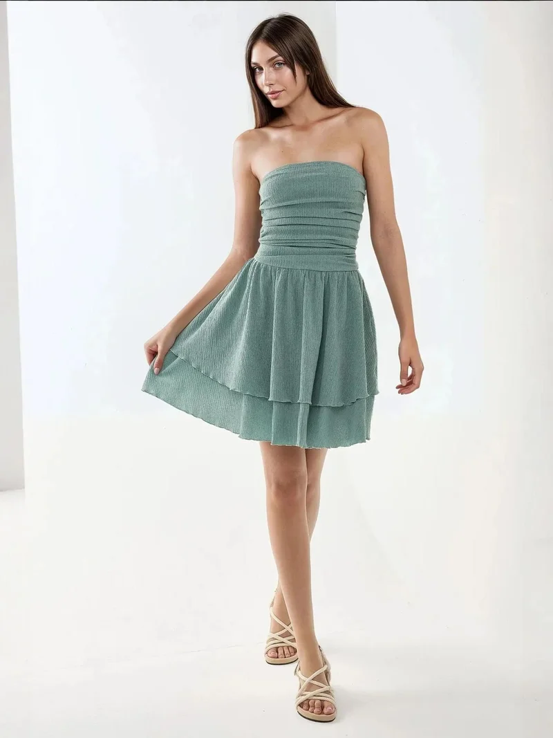 HICCUP Mint Green Strapless Textured Ruffle Mini Dress for Women | Best Price UAE