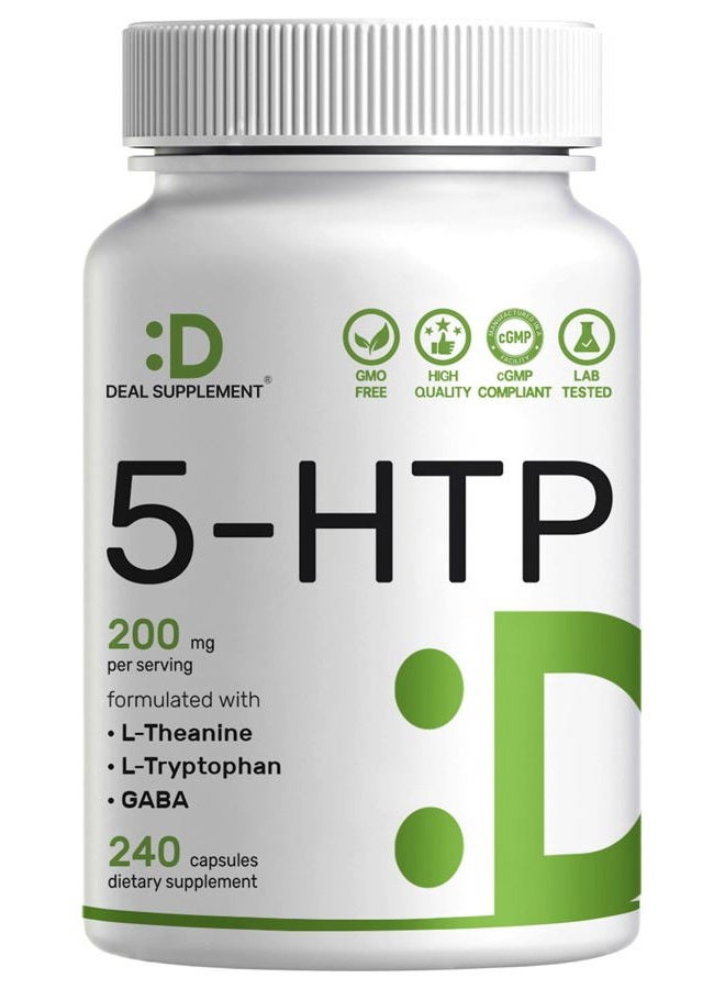 Deal Supplement 5-HTP 200mg Per Serving, 240 Capsules, 98% African Derived Griffonia Seed Extract | 4 in 1 Formula | Plus Active L Theanine, L Tryptophan, & GABA | Relaxation Support Supplement - Image 1
