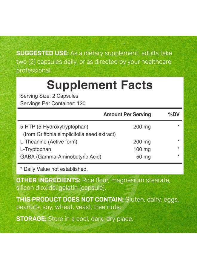 Deal Supplement 5-HTP 200mg Per Serving, 240 Capsules, 98% African Derived Griffonia Seed Extract | 4 in 1 Formula | Plus Active L Theanine, L Tryptophan, & GABA | Relaxation Support Supplement - Image 2