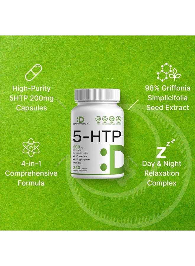 Deal Supplement 5-HTP 200mg Per Serving, 240 Capsules, 98% African Derived Griffonia Seed Extract | 4 in 1 Formula | Plus Active L Theanine, L Tryptophan, & GABA | Relaxation Support Supplement - Image 4
