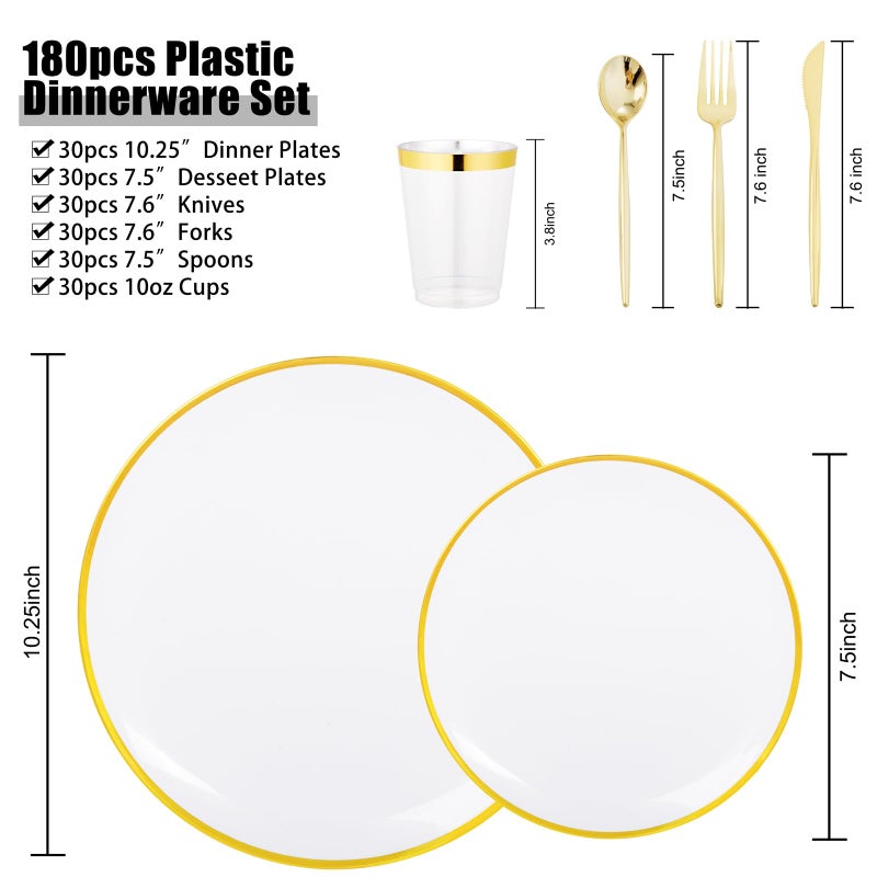 ejonirinjonir EI 180pcs White and Gold Plastic Plates Gold Plastic Plates for Party Plastic Plates Disposable Fancy Plastic Dinnerware Sets Gold Plastic Silverware and Cups for Wedding Baby Shower - Image 2