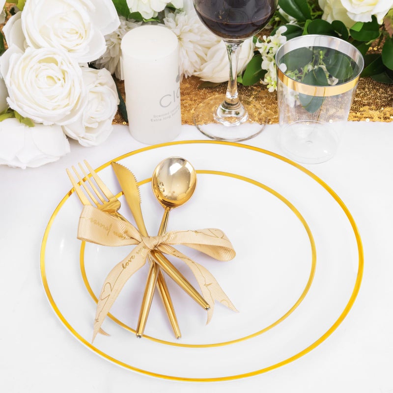 ejonirinjonir EI 180pcs White and Gold Plastic Plates Gold Plastic Plates for Party Plastic Plates Disposable Fancy Plastic Dinnerware Sets Gold Plastic Silverware and Cups for Wedding Baby Shower - Image 5