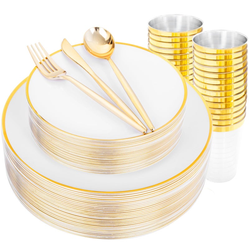 ejonirinjonir EI 180pcs White and Gold Plastic Plates Gold Plastic Plates for Party Plastic Plates Disposable Fancy Plastic Dinnerware Sets Gold Plastic Silverware and Cups for Wedding Baby Shower - Image 1