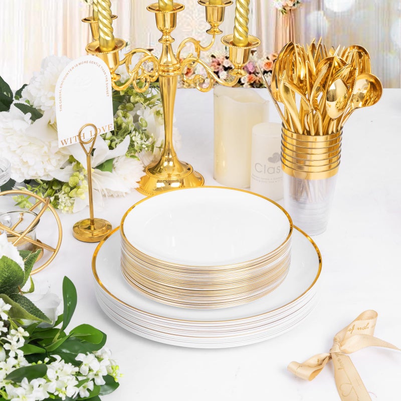ejonirinjonir EI 180pcs White and Gold Plastic Plates Gold Plastic Plates for Party Plastic Plates Disposable Fancy Plastic Dinnerware Sets Gold Plastic Silverware and Cups for Wedding Baby Shower - Image 3