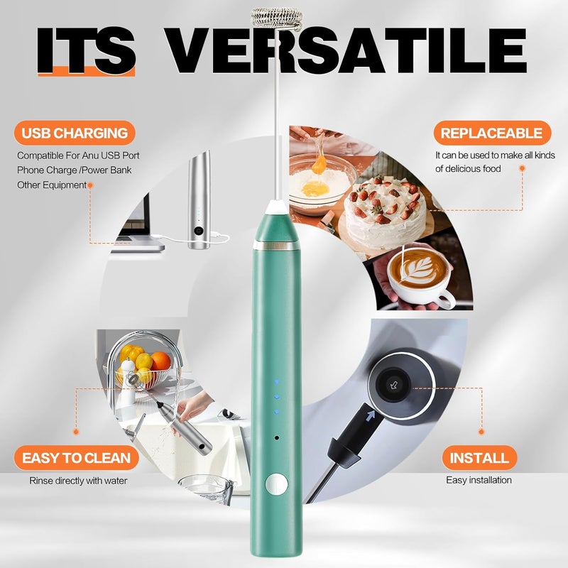 Laposso Milk Frother Rechargeable Handheld Electric Whisk Coffee Frother Mixer with 3 Stainless whisks 3 Speed Adjustable Foam Maker Blender for Coffee Matcha Latte Cappuccino Hot Chocolate（Green) - Image 3