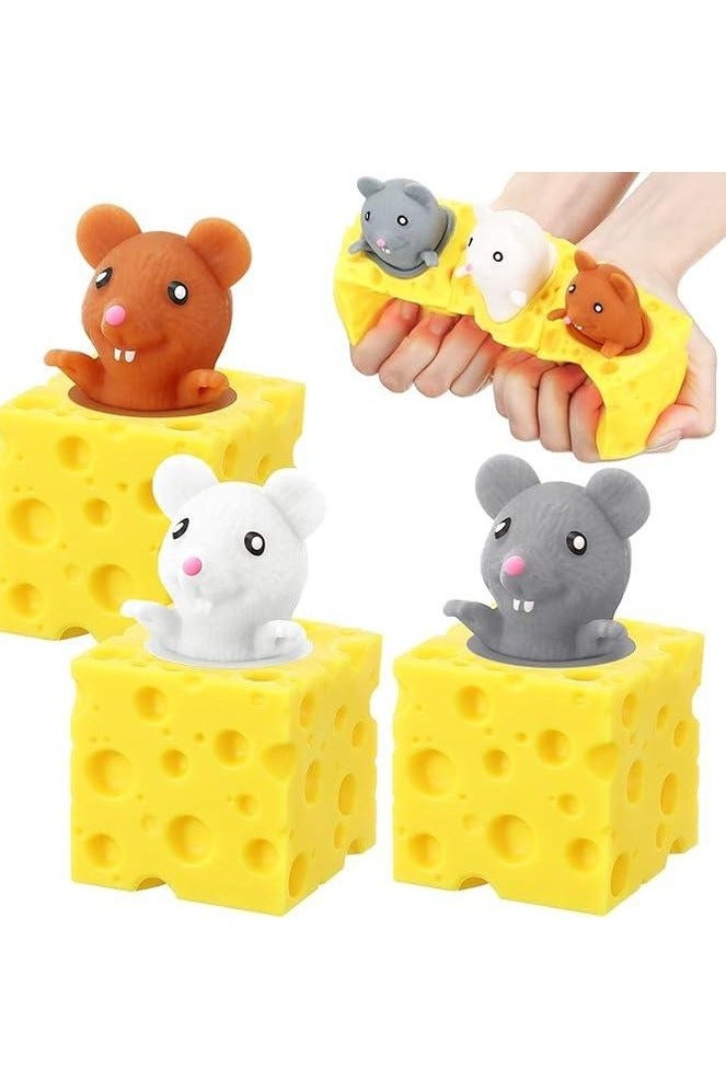 3 Pcs Cheese Toy Cheese Stress Ball Fidget Toys Mice in Squishy Cheese Anxiety Toys Mouse Office Toy Sensory Mouse Toys for Birthday Gifts Stress Relief Party Favors, Grey Brown White - Image 2