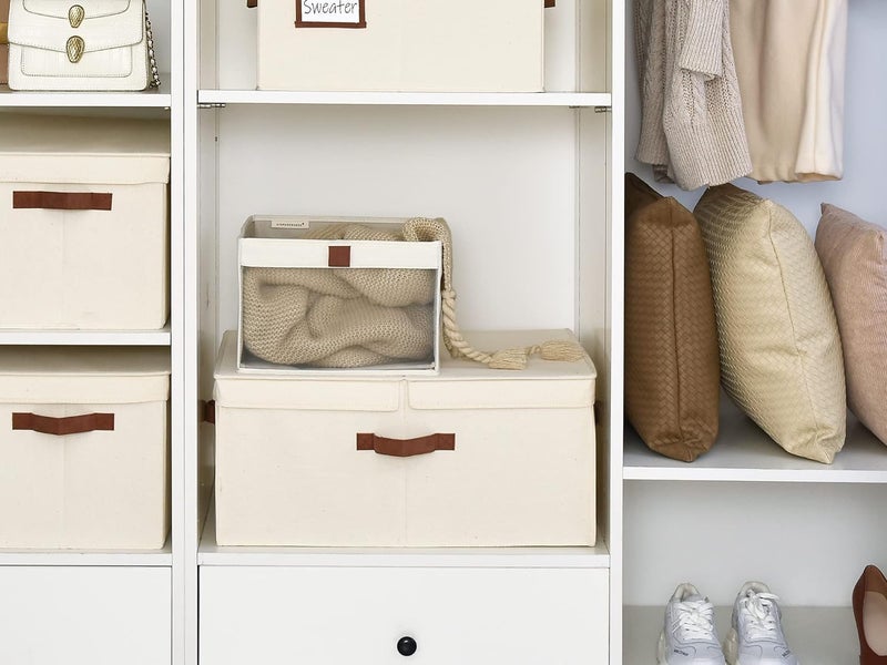 StorageWorks Extra Large Storage Bins with Double-Open Lid, 55L Fabric Baskets with Divider Board, Boxes for Clothes, Linen Closet Organizers with Handles, Ivory White, 2-Pack - Image 4