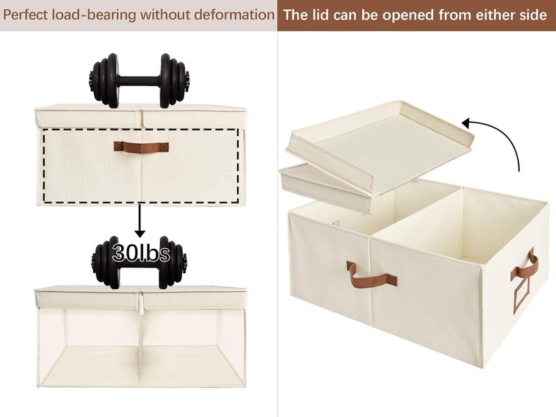StorageWorks Extra Large Storage Bins with Double-Open Lid, 55L Fabric Baskets with Divider Board, Boxes for Clothes, Linen Closet Organizers with Handles, Ivory White, 2-Pack - Image 3