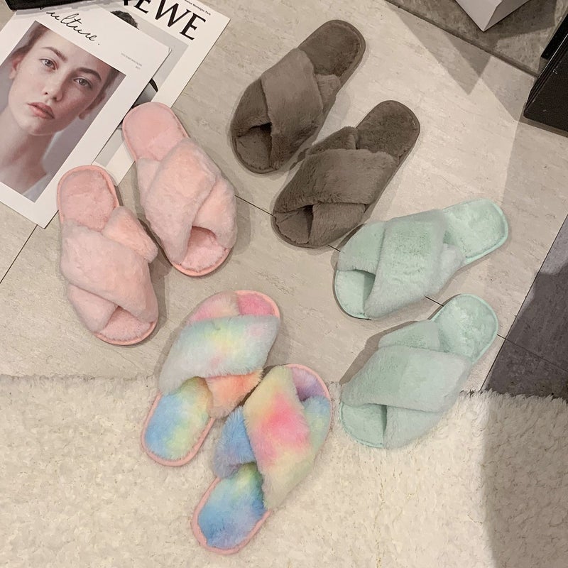 Women''s slippers 2021 spring and autumn new cross flat furry women''s slippers comfortable warm foreign trade plus size slippers wholesale - Image 3