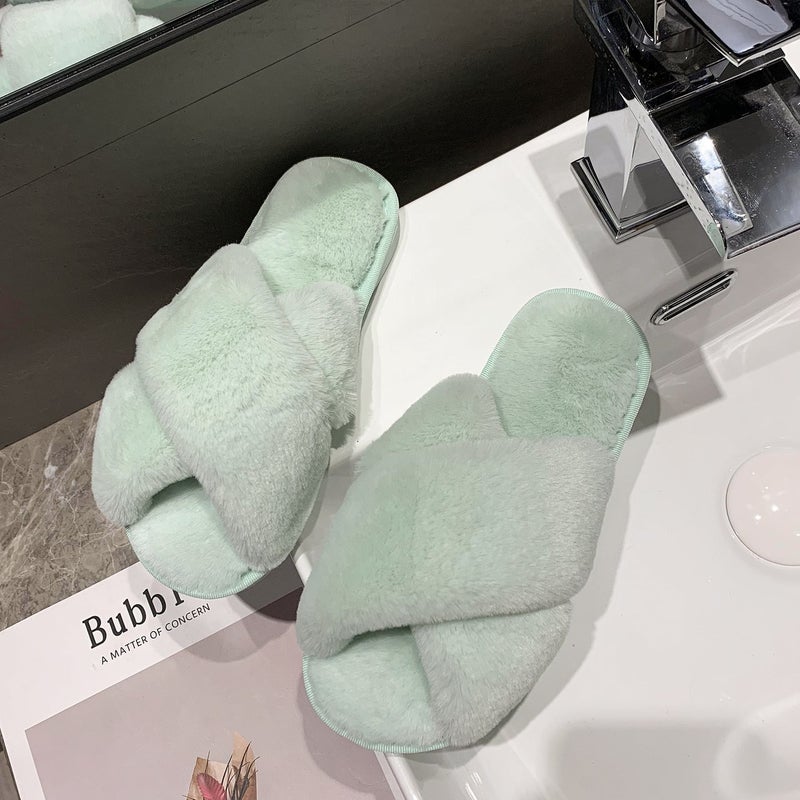 Women''s slippers 2021 spring and autumn new cross flat furry women''s slippers comfortable warm foreign trade plus size slippers wholesale - Image 1