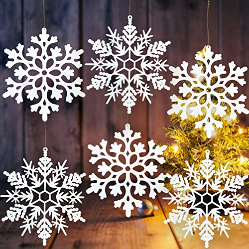 kockuu 6pcs Large White Snowflakes Ornaments 12” Big Plastic Glitter Snowflake for Winter Indoor Outdoor Christmas Tree Window Room Decorations Giant Craft Snowflakes - Image 1