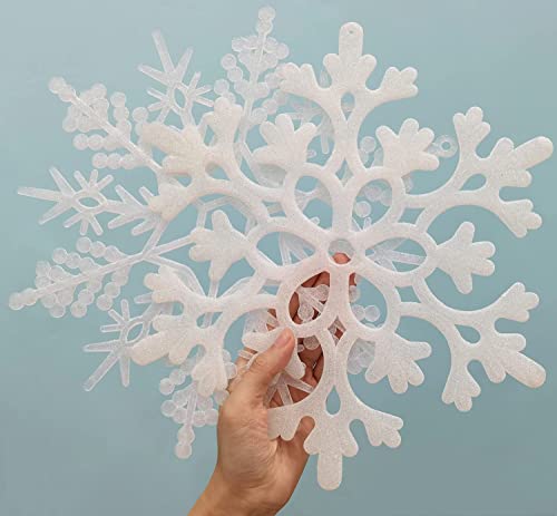 kockuu 6pcs Large White Snowflakes Ornaments 12” Big Plastic Glitter Snowflake for Winter Indoor Outdoor Christmas Tree Window Room Decorations Giant Craft Snowflakes - Image 4