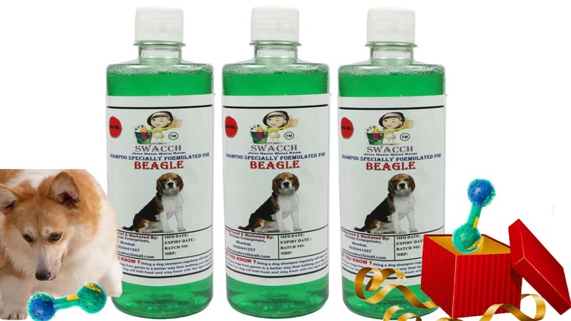 swacch Beagle Dog Shampoo + Dumbbell Toy I Durable Rubber Dog Toy for Chewing I Playing,Teeth Cleaning & Training Toy I Combo Pack I 500ml Pack of 3 Neem Alovera - Image 1