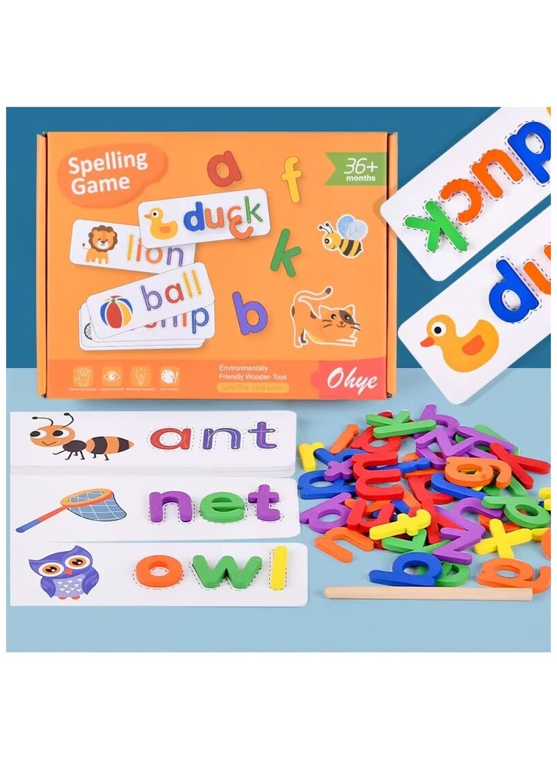 Wooden Reading Alphabet Spelling Games with 28 Cards Letter Words Puzzle for Kids Montessori Spinning Alphabet Learning Toy for Preschool Boys Girls  - Image 1