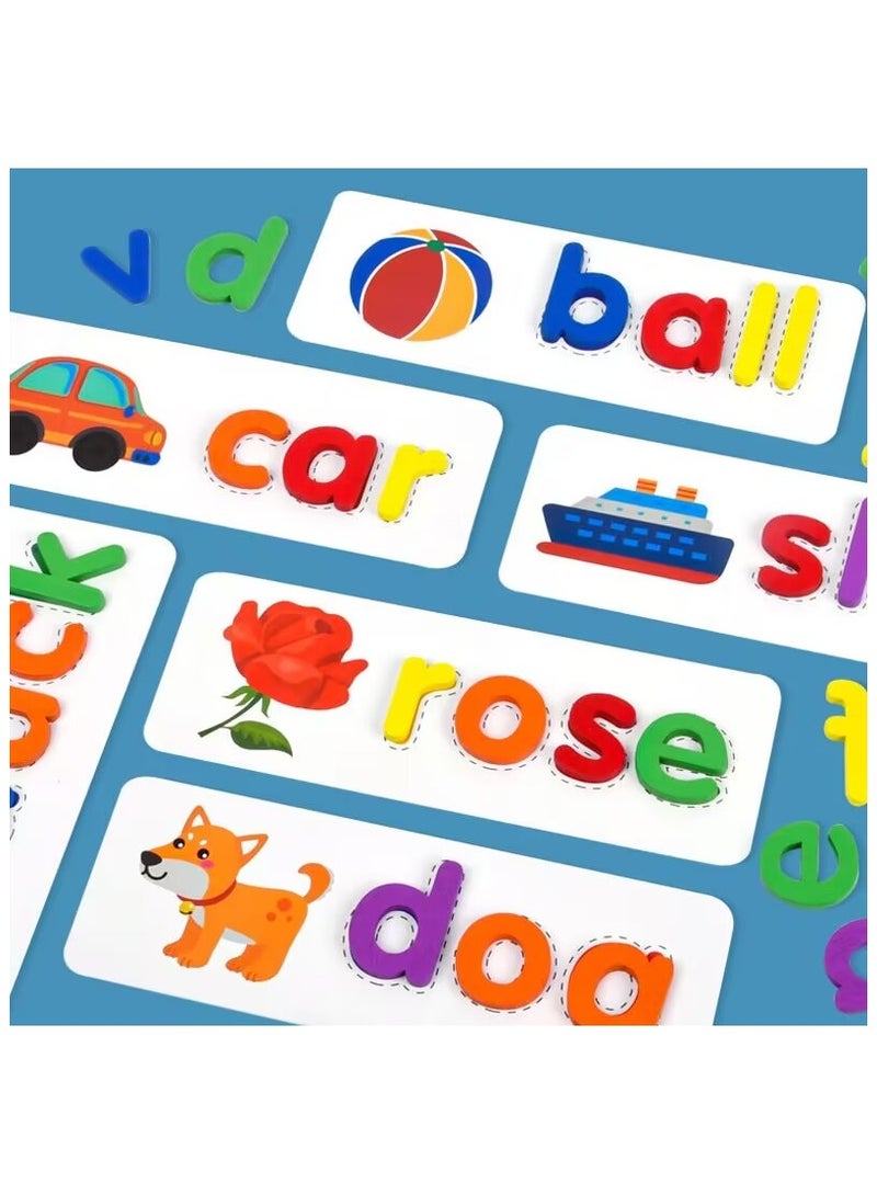 Wooden Reading Alphabet Spelling Games with 28 Cards Letter Words Puzzle for Kids Montessori Spinning Alphabet Learning Toy for Preschool Boys Girls  - Image 4