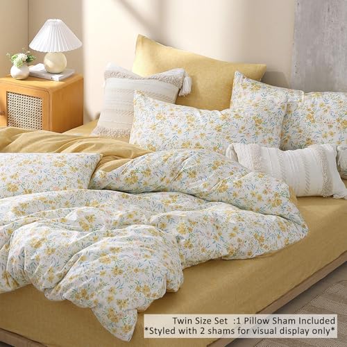 ALEISSEL 100 Natural Cotton Duvet Cover Twin Size 2Pcs Yellow Duvet Cover with Pink Green Flowers and Leaves on WhiteReversible Floral Comforter Cover Sets with Button Closure68901 Pillowsham - Image 3