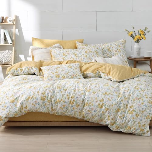 ALEISSEL 100 Natural Cotton Duvet Cover Twin Size 2Pcs Yellow Duvet Cover with Pink Green Flowers and Leaves on WhiteReversible Floral Comforter Cover Sets with Button Closure68901 Pillowsham - Image 1