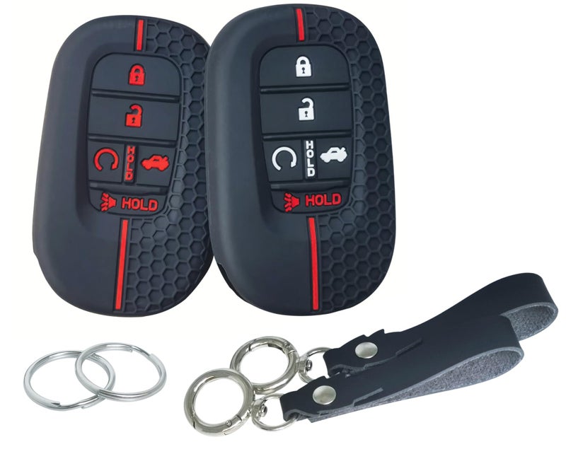 RUNZUIE 2Pcs 5 Buttons Silicone Smart Key Fob Cover for 2022 2023 2024 2025 Honda Accord Civic Pilot HRV CRV Sport SI EX EXL Touring Black with WhiteRed