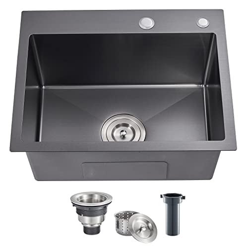POPFLY 23 x 18 Inch Drop in Kitchen Sink, 304 Stainless Steel Overmount Single Bowl 9 Inch Deep Small Rv Sink Handmaed Bar Prep Top mount Utility Sink, Black - Image 1