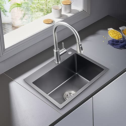 POPFLY 23 x 18 Inch Drop in Kitchen Sink, 304 Stainless Steel Overmount Single Bowl 9 Inch Deep Small Rv Sink Handmaed Bar Prep Top mount Utility Sink, Black - Image 2
