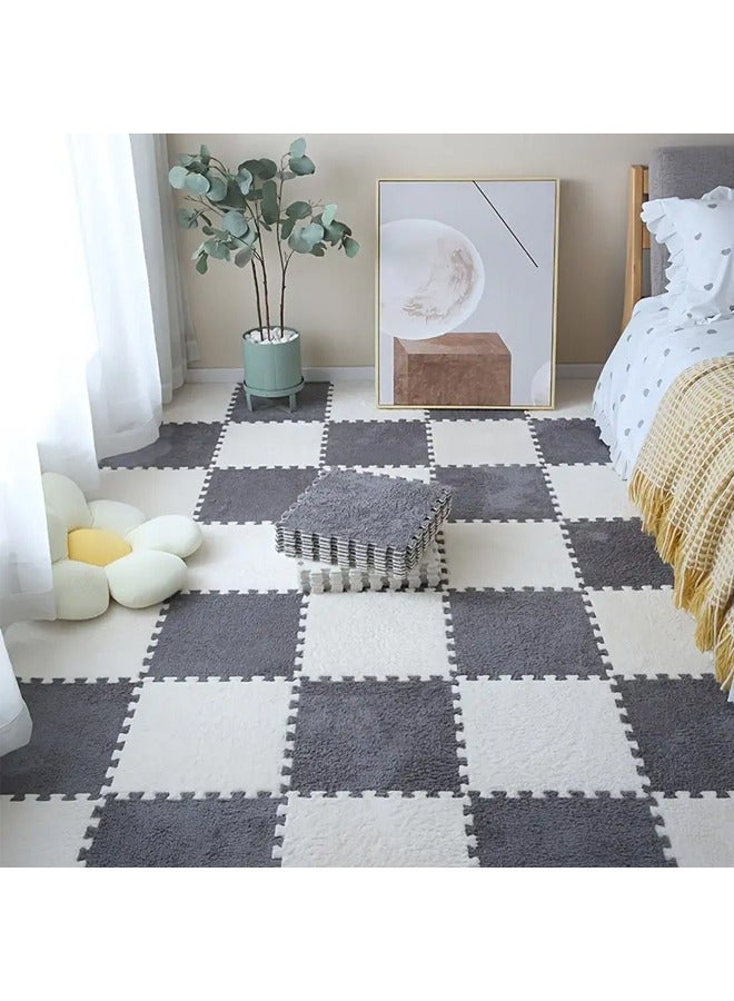 12 Pcs Plush Foam Floor Mat Square Interlocking Carpet Tiles with Border Fluffy Play Mat Floor Tiles Soft Climbing Area Rugs for Home Playroom Decor, 30x30x1cm (White and Grey) - Image 4
