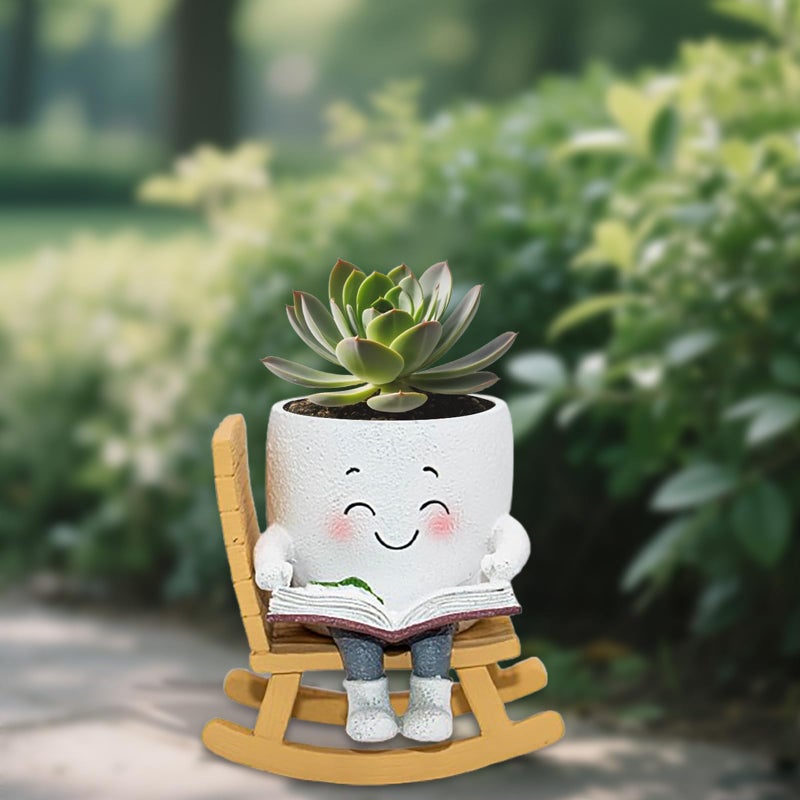 Toparad Smily Face Rocking Chair Reading Book Planter Pots, Cute Resin Flower Head Succulent Planters for Indoor Plants, Gift IdeaI for Mother Christmas Birthday with Drainage Hole - Image 2