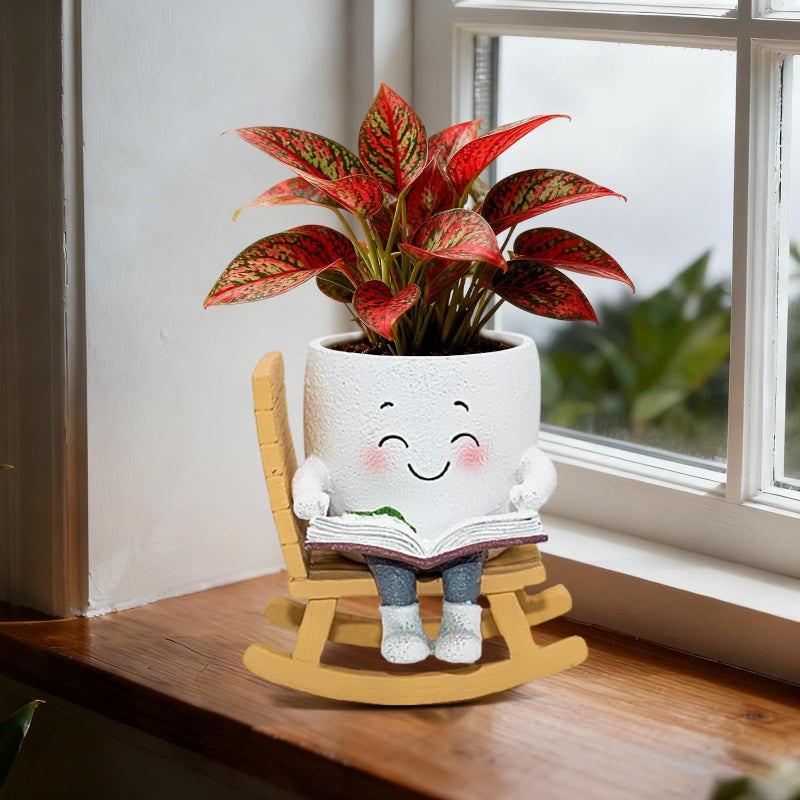 Toparad Smily Face Rocking Chair Reading Book Planter Pots, Cute Resin Flower Head Succulent Planters for Indoor Plants, Gift IdeaI for Mother Christmas Birthday with Drainage Hole - Image 1