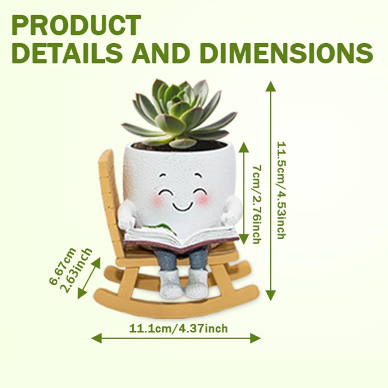 Toparad Smily Face Rocking Chair Reading Book Planter Pots, Cute Resin Flower Head Succulent Planters for Indoor Plants, Gift IdeaI for Mother Christmas Birthday with Drainage Hole - Image 3