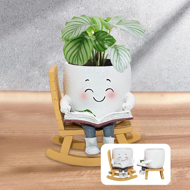 Toparad Smily Face Rocking Chair Reading Book Planter Pots, Cute Resin Flower Head Succulent Planters for Indoor Plants, Gift IdeaI for Mother Christmas Birthday with Drainage Hole - Image 5
