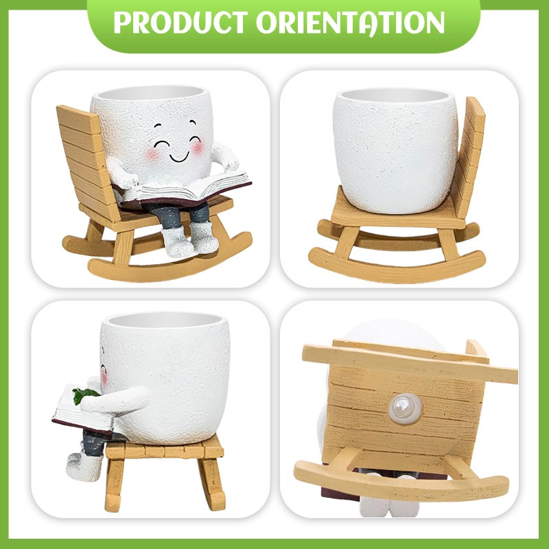 Toparad Smily Face Rocking Chair Reading Book Planter Pots, Cute Resin Flower Head Succulent Planters for Indoor Plants, Gift IdeaI for Mother Christmas Birthday with Drainage Hole - Image 4