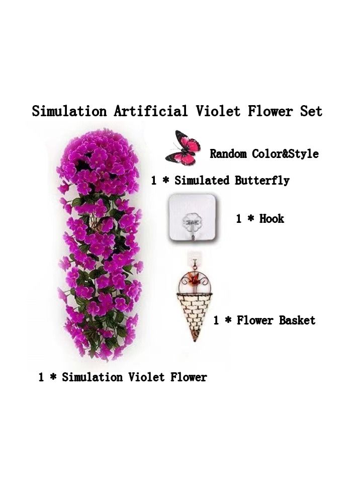 1-Bunch Simulation Violet Plant Hanging Wall Flower,Hanging Balcony Wall Decoration Set with Hook/Flower Basket/Simulation Butterfly,Colour Plum - Image 1