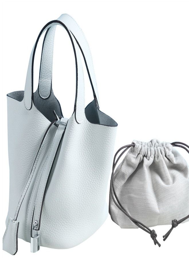 Loquat Litchi Grain Top Layer Cow Skin Bucket Bag White  - Image 1