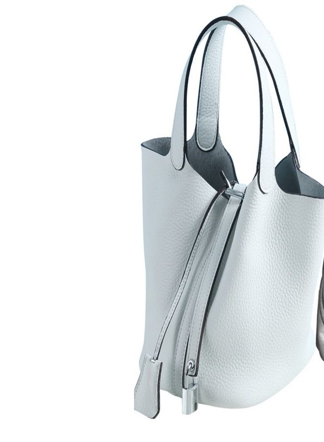 Loquat Litchi Grain Top Layer Cow Skin Bucket Bag White  - Image 2